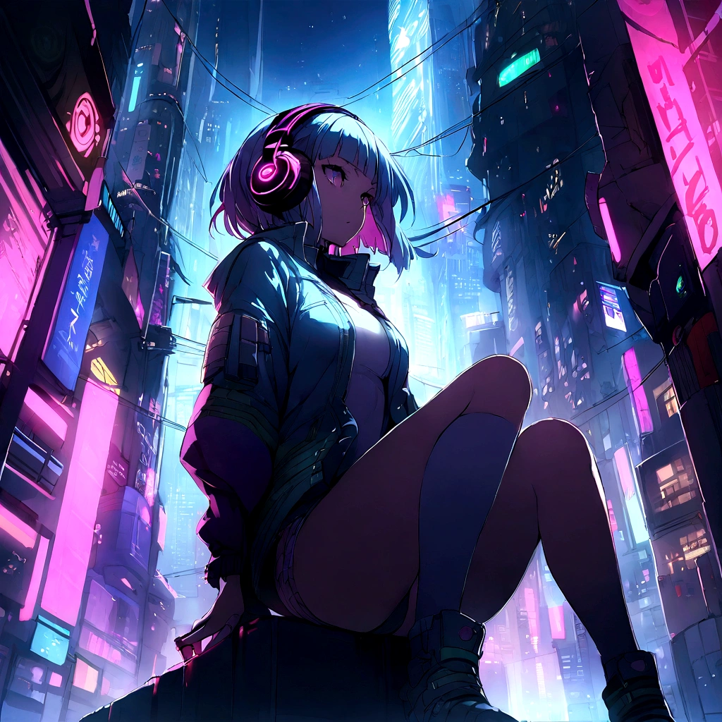 Highest quality、masterpiece、night、Headphones、cyber punk、Cyber City、One Girl、Sitting on high ground、Mid Shot、High position