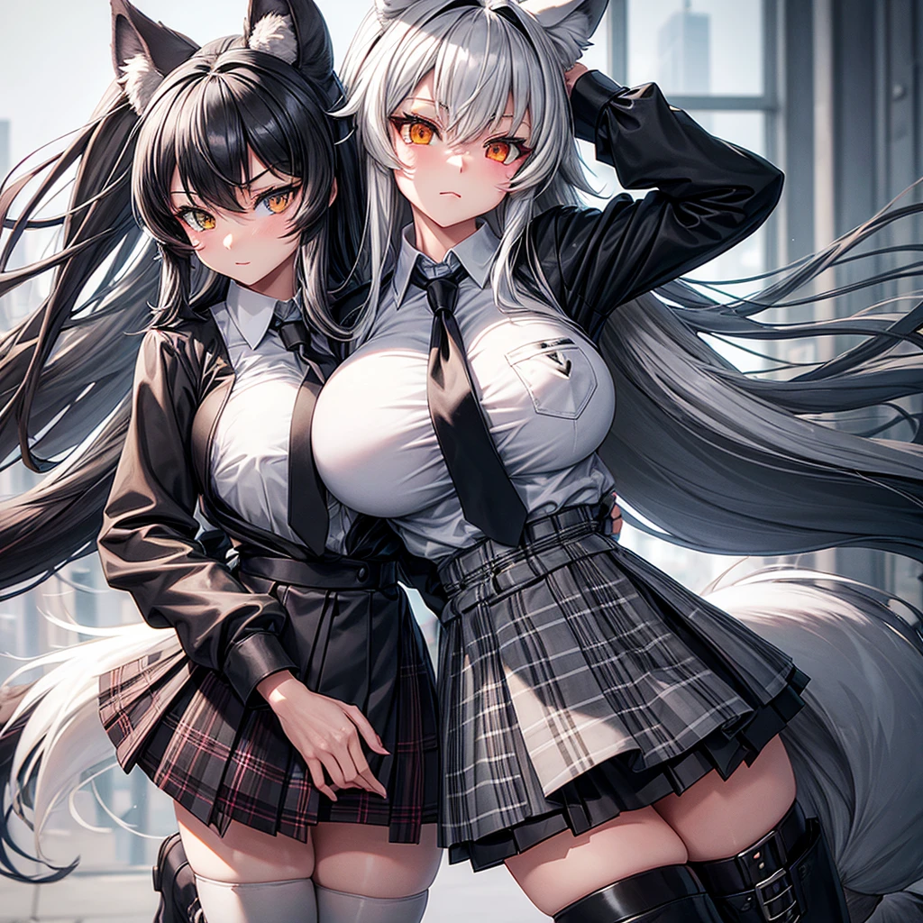 grey wolf \(kemono friends\), 1girl, two-tone hair, long hair, wolf ears, heterochromia, wolf tail, (large breasts), fur collar, collared shirt, black shirt, breast pocket, plaid necktie, plaid skirt, pleated skirt, white gloves (holding breast), two-tone thighhighs, fur-trimmed boots