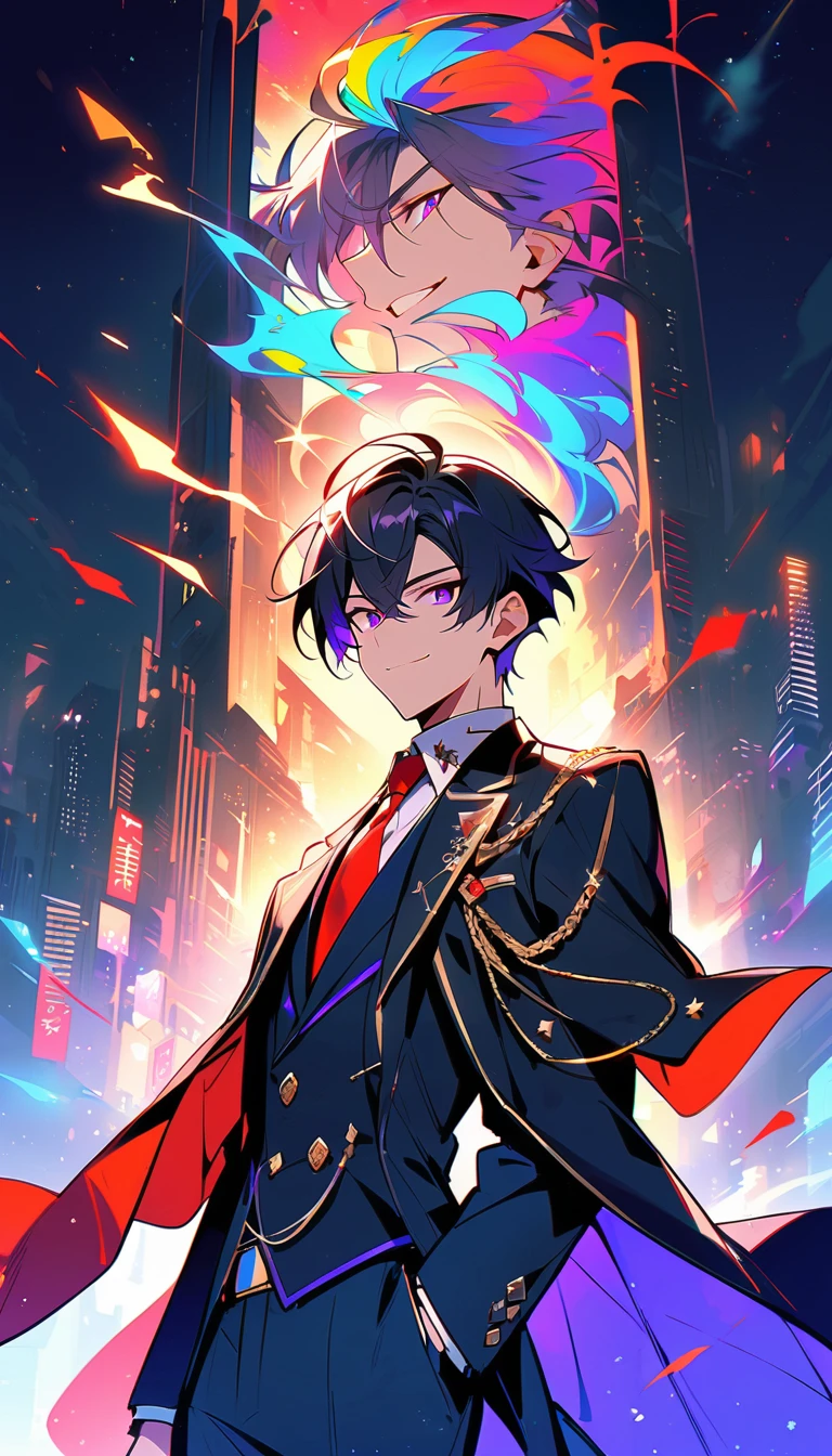 good looking, alone, 1 male, short hair,  Smile Facial,1. Boy with black and purple hair,  Moderate height, Slim body, Long coat, Black lining,good looking, short hair, Black Hair, Rainbow Hair, Purple eyes, 先端がスモーキーグレーのBlack Hair,  smoking, Black light,smile、, Bright, sharp eyes illuminate the scene,uniform,Fewer accessories,whole body,Background white,(masterpiece, Highest quality), Yishang_edge, Default_Costume, One boy, alone, Red tie, Black jacket, Black vest, Jacket on shoulders, White shirt, Collared shirt, Black trousers, View your viewers, city, night, knife,紫色に光るknife身,View your viewers, city, night, From below,Lots of cool accessories