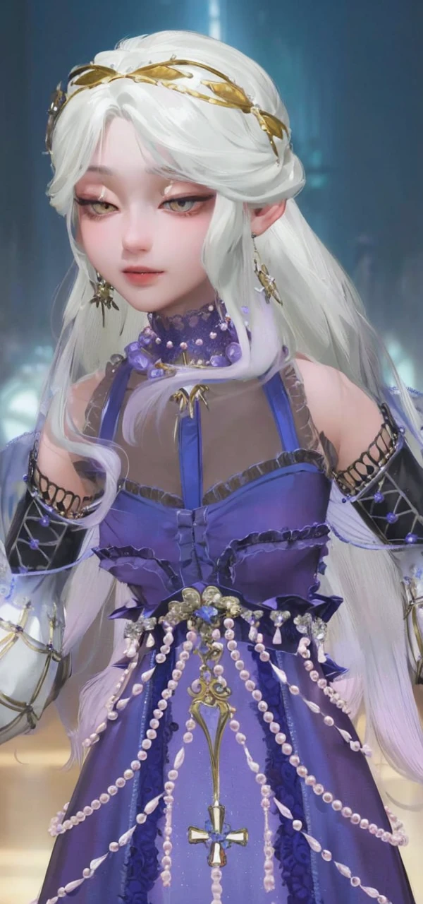 (Top resolution、Distinct_image)top-quality、femele、masterpiece、highly detailed、Semi-realistic、lavender hair , golden eyes、18year old、young、smart Casual clothing、Exquisite facial features、Facial features、unique hairstyle, variations, potrait, 4k background