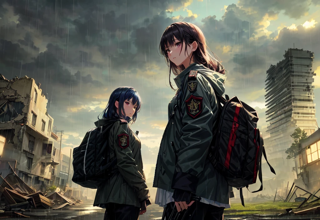 anime scene of two girl in uniform standing in the rain, ruin city background, anime style 4 k, high detailed official artwork, anime girl military,  official artwork, badass anime 8 k, illustrated anime