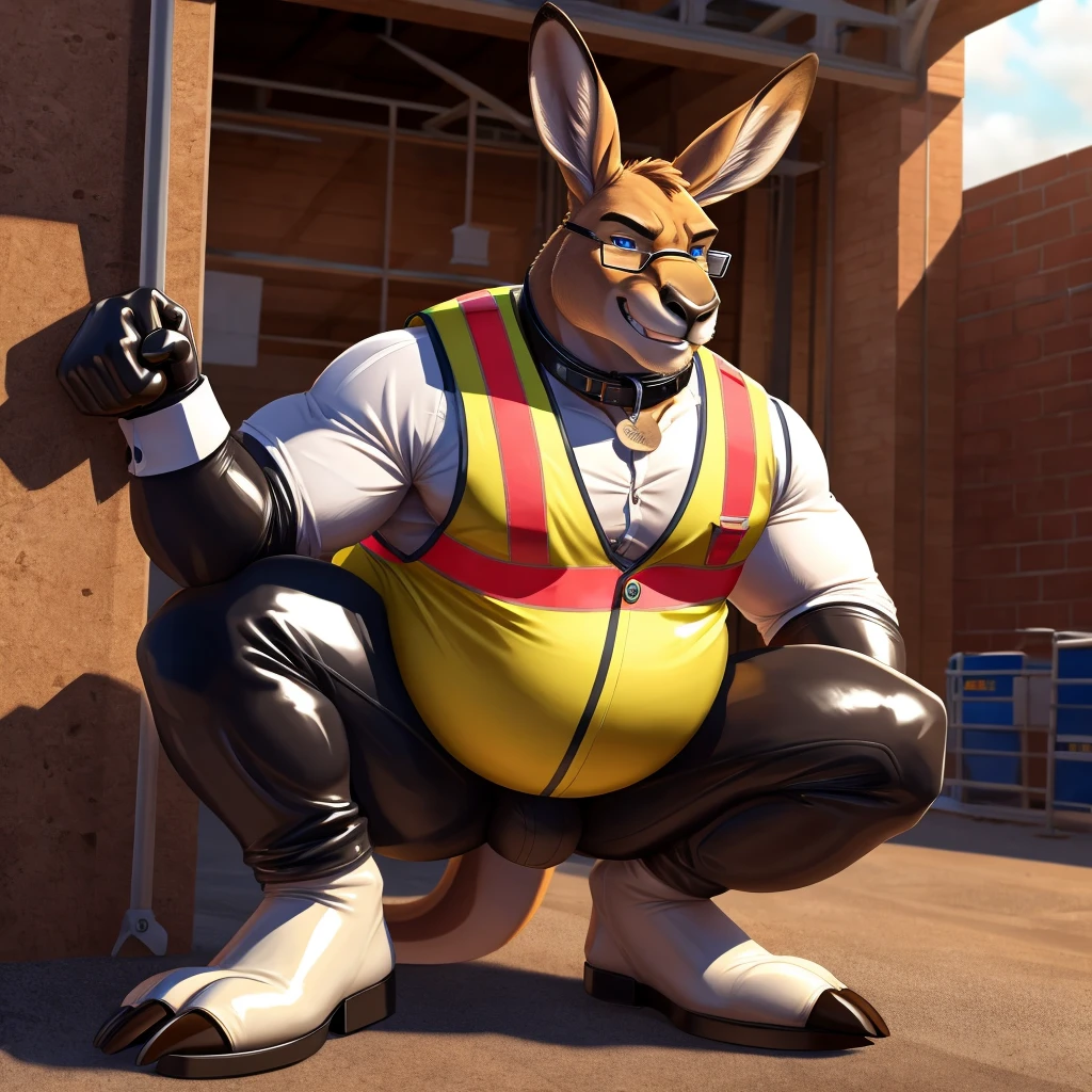 Solo, Male, fat, squatting, extremely obese, Kangaroo, blue eyes, (soft shading), 4k, hi res, ((detailed face, detailed)), looking at viewer, evil grin, construction site, safety vest, construction vest, male focus, glasses, monocle, vest with buttons, Kangaroo is wearing a glossy leather dog collar around the neck, Kangaroo is wearing the leather collar and vest at the same time, Kangaroo is wearing glossy white rubber gloves on the hands, wearing white rubber gloves on the feet, Kangaroo is wearing glossy white cuffs around the wrists with cufflinks, gloves are rubber in texture, clenching teeth, clenching fists, leather collar is glossy and shiny with a lot of detail, Kangaroo is wearing gloves and cuffs and cufflinks at the same time, leather collar has a round dog-tag, leather collar is thick and detailed