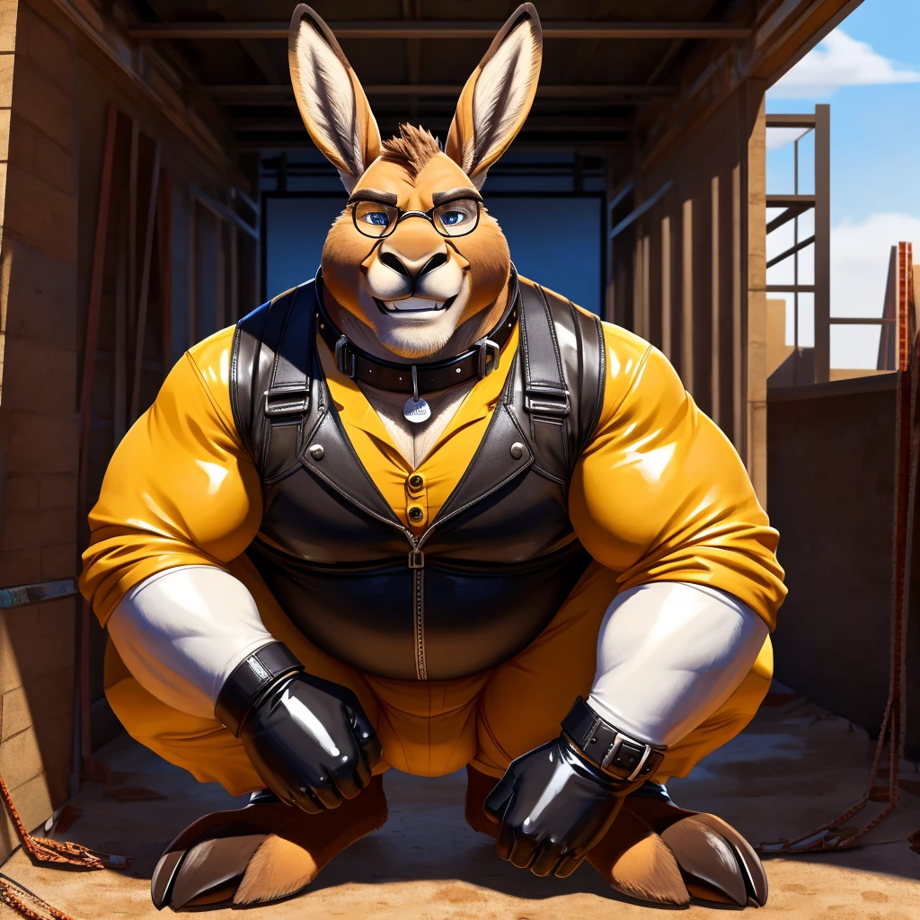 Solo, Male, fat, squatting, extremely obese, Kangaroo, blue eyes, (soft shading), 4k, hi res, ((detailed face, detailed)), looking at viewer, evil grin, construction site, safety vest, construction vest, male focus, glasses, monocle, vest with buttons, Kangaroo is wearing a glossy leather dog collar around the neck, Kangaroo is wearing the leather collar and vest at the same time, Kangaroo is wearing glossy white rubber gloves on the hands, wearing white rubber gloves on the feet, Kangaroo is wearing glossy white cuffs around the wrists with cufflinks, gloves are rubber in texture, clenching teeth, clenching fists, leather collar is glossy and shiny with a lot of detail, Kangaroo is wearing gloves and cuffs and cufflinks at the same time, leather collar has a round dog-tag, leather collar is thick and detailed