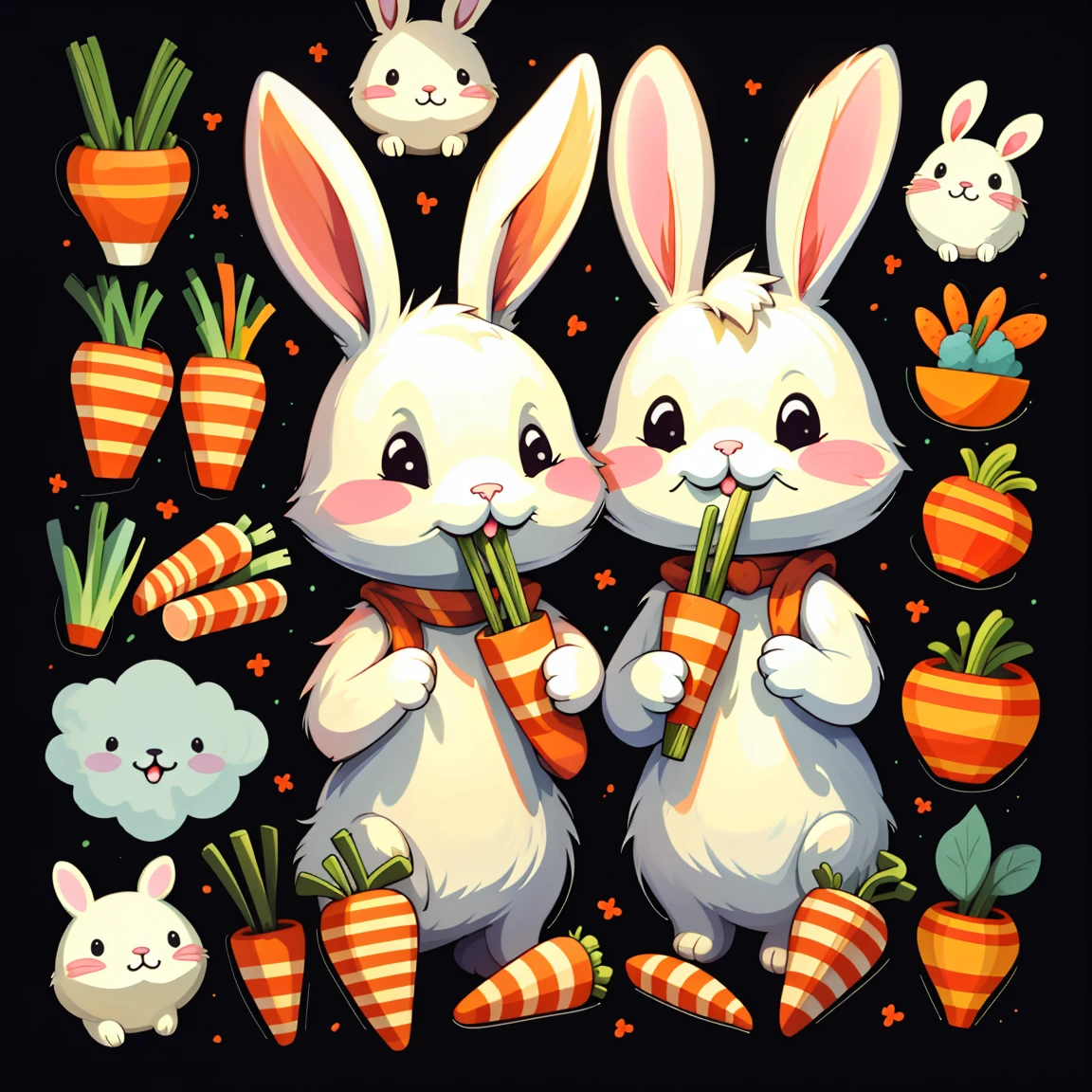 sticker, ((One cartoon)), a rabbit, eating carrot, happy, Simple black background