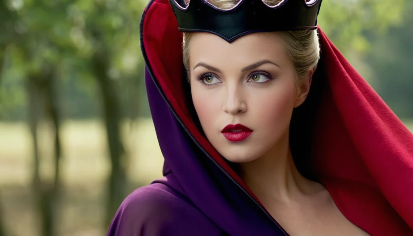 The Evil Queen movie still、Naked butt、Red lips、Purple clothes and black cloak、Naked buttを持つセクシーな女性の邪悪な女王の絵, Shallow depth of field, Vignette, Very detailed, High budget, Bokeh, CinemaScope, Sulky, amazing, nice, Film Grain, granular