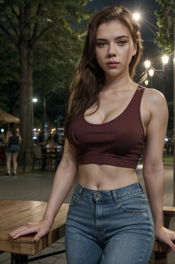 (realisitic、hight resolution:1.3)、, scarlett johansson , with a perfect figure、Super thin face and eyes、long hair、Tank Tops:1 in random color.2、Short jeans、in a park, at night、coffee on table、Colossal ,4k, hd, best quality,