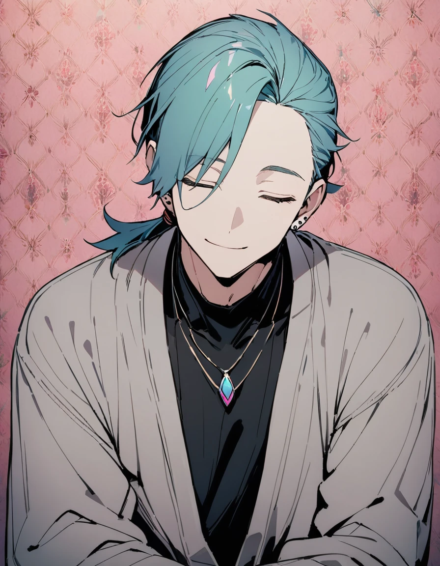 ((((best masterpiece, best quality, wallpaper,)))) solo, guy, male body, small muscles, flat chest, 1male, 30 years old, handsome man, upper body, looking at viewers, beautiful detailed, seductive smile, mediumturquoise hair, ((((Lower short ponytail)))), asymmetrical bangs, ((short hair,)) (((light smile, closed eyes, tareme, droopy eyes,))) (((perfect face,))) perfect hands, sharp nose, clear face, black turtleneck, grey cardigan, ((silver piercing, pendant,)) leggings, pink background color ultrasharp, 8K, masterpiece,