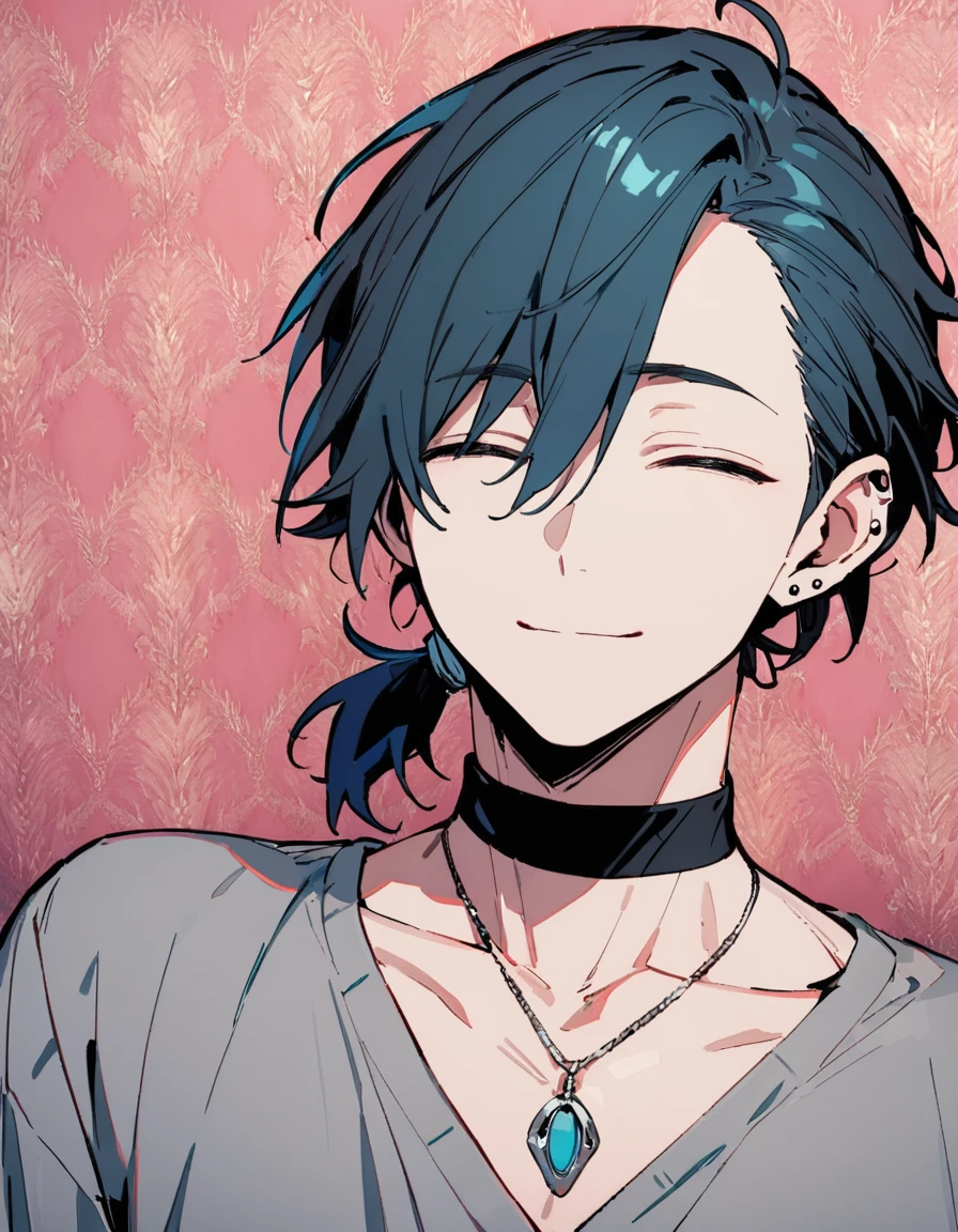 ((((best masterpiece, best quality, wallpaper,)))) solo, guy, male body, small muscles, flat chest, 1male, 30 years old, handsome man, upper body, looking at viewers, beautiful detailed, seductive smile, mediumturquoise hair, ((((Lower short ponytail)))), asymmetrical bangs, ((short hair,)) (((light smile, closed eyes, tareme, droopy eyes,))) (((perfect face,))) perfect hands, sharp nose, clear face, black turtleneck, grey cardigan, ((silver piercing, pendant,)) leggings, pink background color ultrasharp, 8K, masterpiece,