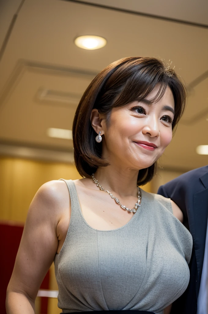 highres,realistic,(japanese mature woman politician:1.2),(45 years old:1.1),cleavage,earrings,real skin,mole under eye,smile,(gigantic breasts:1.3),sagging breasts,silver necklace,,meeting,indoors,wide hips,lower abdomen,slit skirt,summer,hotel conference hall,from below ,from side ,politicians' clothes,gathering,open clothes,sexy jacket,