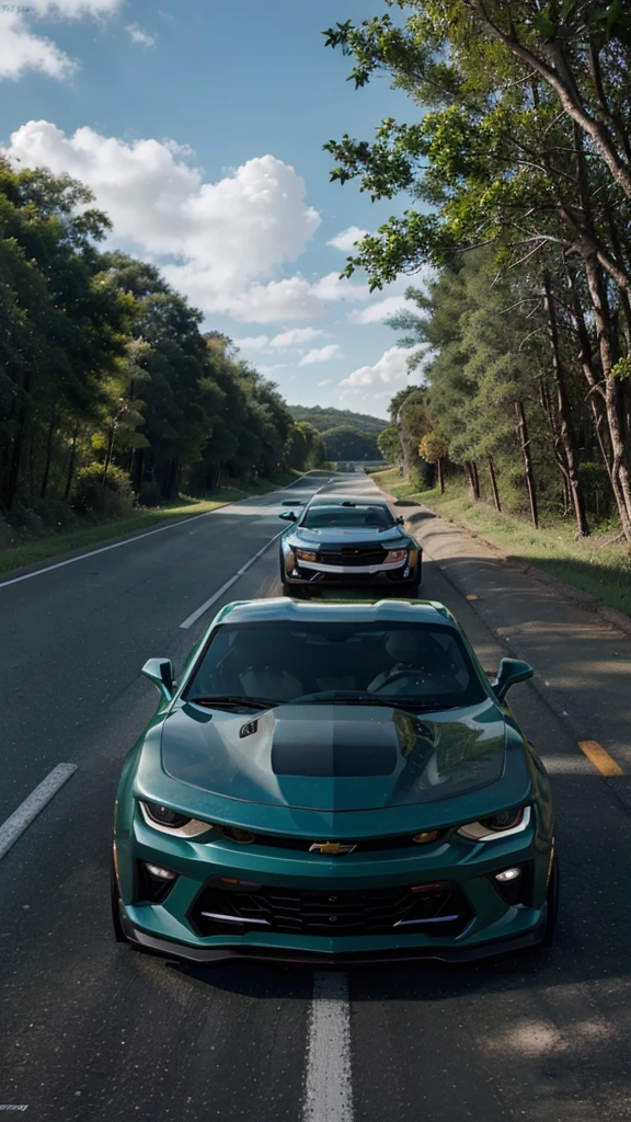 crie uma imagem ultra realista, and very colorful, in as much detail as possible, of a Chevrolet Camaro in motion, on a road, with very green trees around and a very blue sky with some clouds.