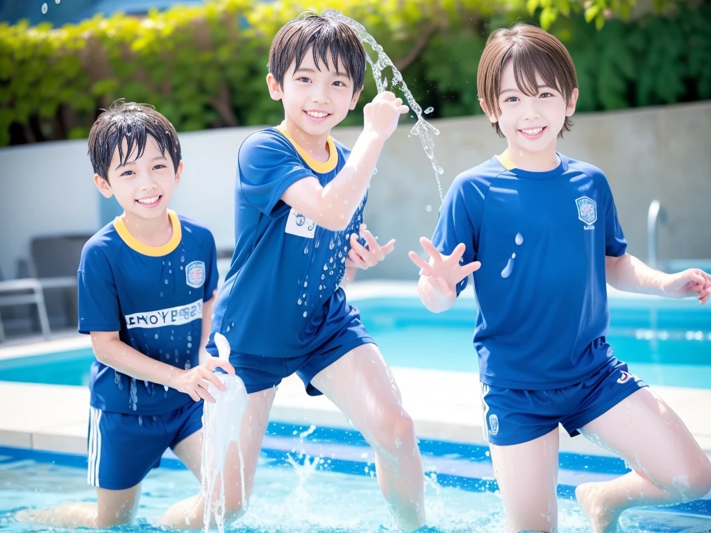 hot summer、primary school、Summer swimming pool、Fun every day、Get wet all over、Japan Boy、Glowing water splashes、Pool lessons、Boy playing in water、The happy boys、Strong sunlight、Short sleeve gym uniform、Blue shorts、barefoot,Boys only 、10age、high resolution、masterpiece