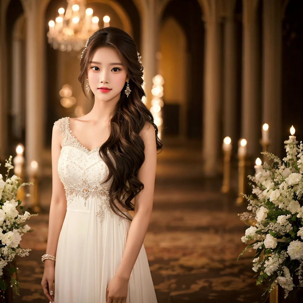 Generate an image of an extraordinarily beautiful 20-year-old Asian woman standing alone, whose beauty rivals that of a goddess of the fire element. She has large brown eyes, dark brown hair, glowing skin, and a captivating appearance. She is wearing a stunning white wedding dress that accentuates her elegance. The woman stands charmingly alone, her beauty appearing as if blessed by nature, in a very romantic and lovely aisle adorned with flowers and soft lighting, exuding a magical and serene atmosphere.