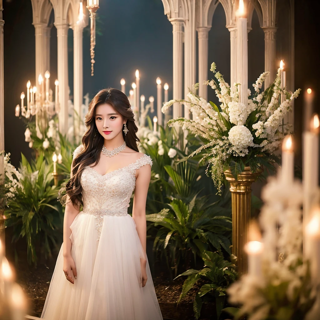Generate an image of an extraordinarily beautiful 20-year-old Asian woman standing alone, whose beauty rivals that of a goddess of the fire element. She has large brown eyes, dark brown hair, glowing skin, and a captivating appearance. She is wearing a stunning white wedding dress that accentuates her elegance. The woman stands charmingly alone, her beauty appearing as if blessed by nature, in a very romantic and lovely aisle adorned with flowers and soft lighting, exuding a magical and serene atmosphere.