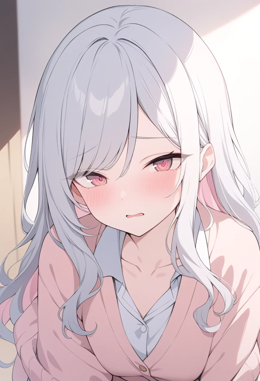 closeup-face,masterpiece,best quality,4k,8k,lcute girl,woman,female,long hair,wavy hair,(silver hair),pink inner hair,swept bangs,droopy eyes,salmon pink eye,pink school uniform,cardigan,