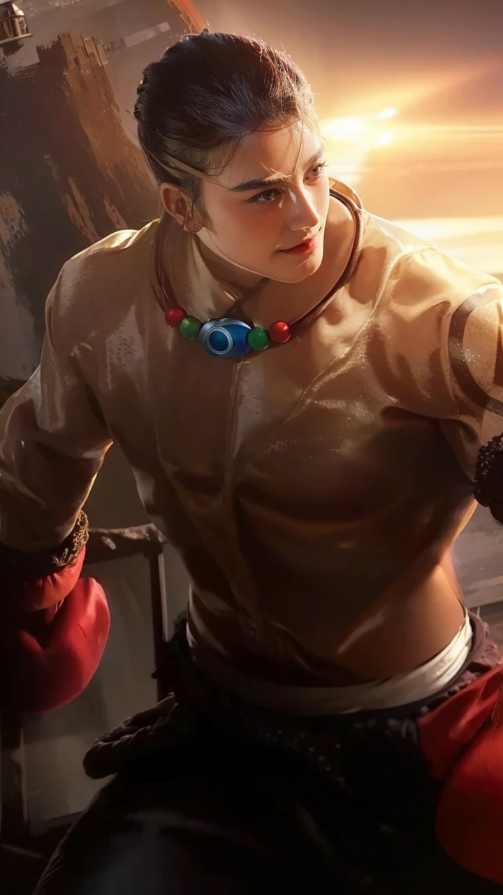 (8K, highest quality, masterpiece: 1.3), (realistic, photorealistic: 1.4), ultra high definition, (ao dai), (red clothes), (japanese boy), (high-definition cute face), (large breasts), brown hair, ponytail hair, professional lighting, (closed mouth: 1.2), blush, smile