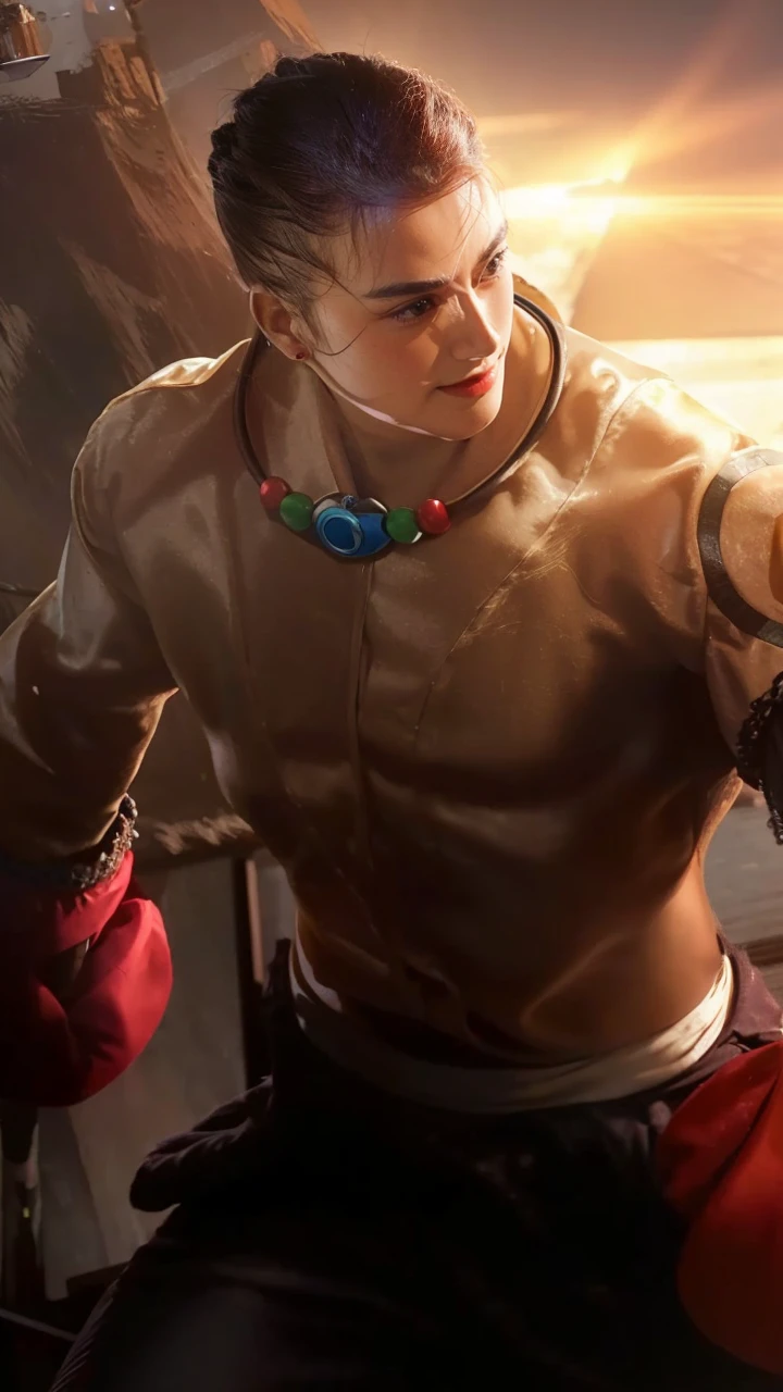 (8K, highest quality, masterpiece: 1.3), (realistic, photorealistic: 1.4), ultra high definition, (ao dai), (red clothes), (japanese boy), (high-definition cute face), (large breasts), brown hair, ponytail hair, professional lighting, (closed mouth: 1.2), blush, smile