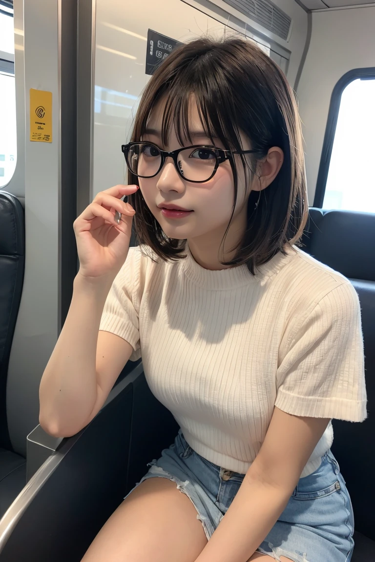 there is a woman Wearing glasses sitting on a train, Short hair, Wearing glasses, 薄くて大きな丸いWearing glassesいる, Choi Hong-hwa, Chiho, San Yun-ju, 小さな丸いWearing glassesいる, Jaeyoung Nam, Round face, Park Jimin, Ulzzang, 丸いWearing glassesいる, sayori, Wearing glasses on, girl 丸いWearing glassesいる with american fashion