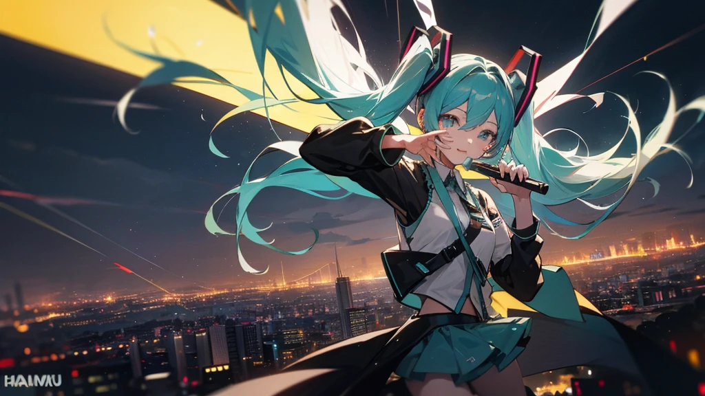 Image of Hatsune Miku performing in hip-hop style with the city night view as the background。