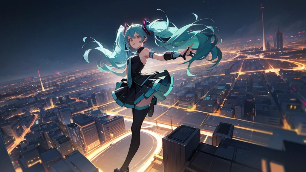 Image of Hatsune Miku performing in hip-hop style with the city night view as the background。