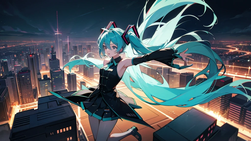 Image of Hatsune Miku performing in hip-hop style with the city night view as the background。