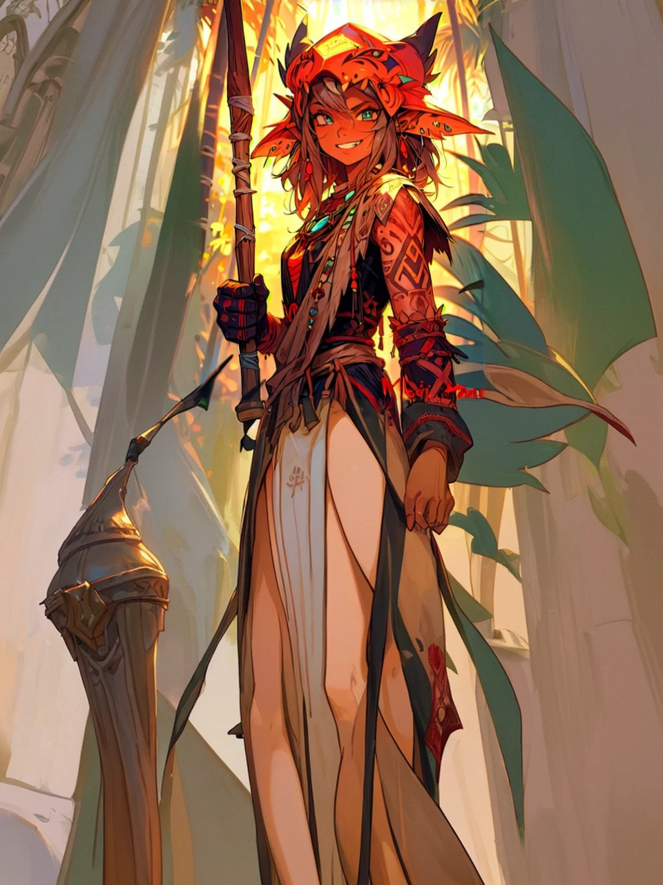 Elf, tanned skin, tattooed hand, legs, Medieval tunic, full height, 