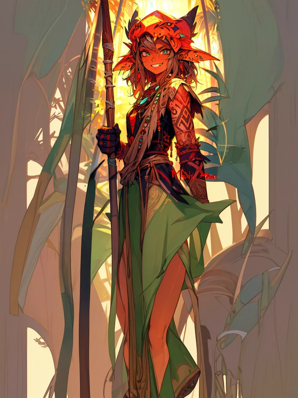 Elf, tanned skin, tattooed hand, legs, Medieval tunic, full height,