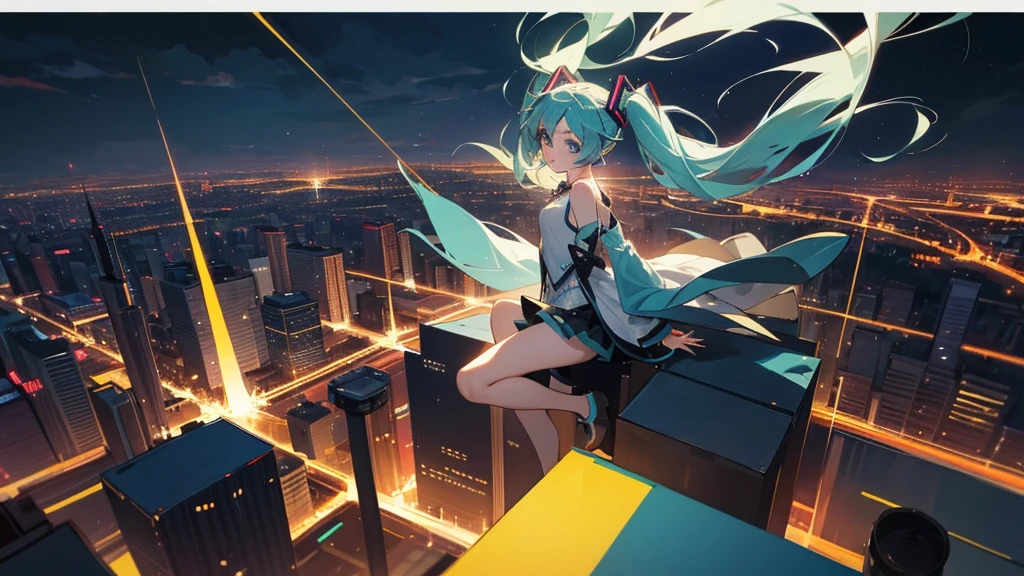 Image of Hatsune Miku performing in hip-hop style with the city night view as the background。
