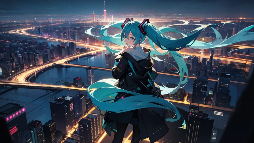 Image of Hatsune Miku performing in hip-hop style with the city night view as the background。