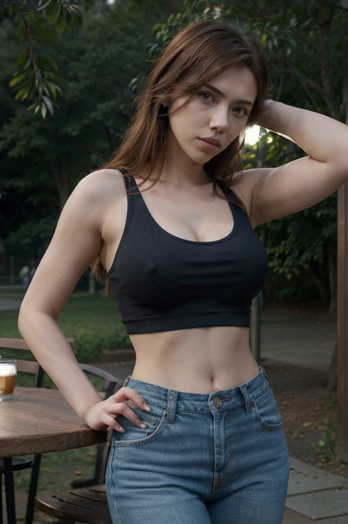 (realisitic、hight resolution:1.3)、, scarlett johansson , with a perfect figure、Super thin face and eyes、long hair、Tank Tops:1 in random color.2、Short jeans、in a park, at night、coffee on table、Colossal ,4k, hd, best quality,