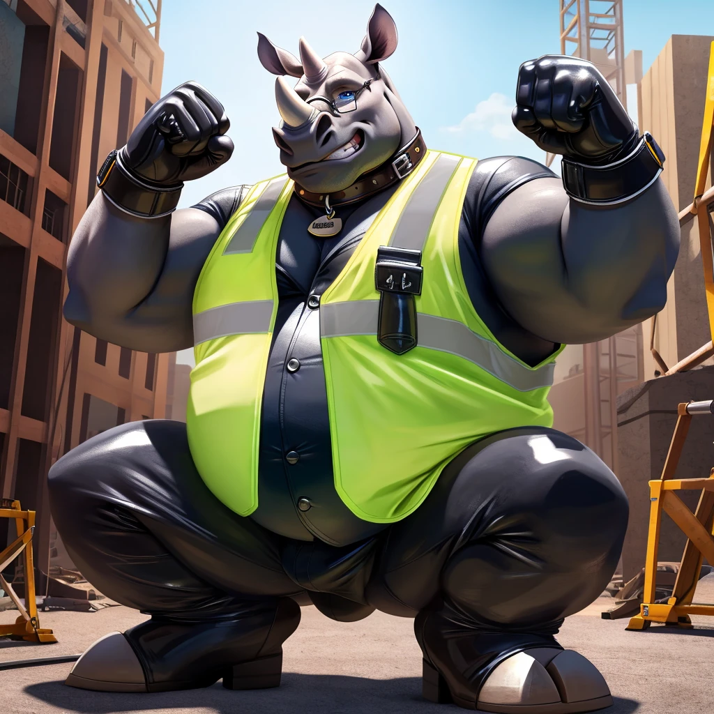 Solo, Male, fat, squatting, extremely obese, Rhinoceros, blue eyes, (soft shading), 4k, hi res, ((detailed face, detailed)), looking at viewer, evil grin, construction site, safety vest, construction vest, male focus, glasses, monocle, vest with buttons, Rhinoceros is wearing a glossy leather dog collar around the neck, Rhinoceros is wearing the leather collar and vest at the same time, Rhinoceros is wearing glossy white rubber gloves on the hands, wearing white rubber gloves on the feet, Rhinoceros is wearing glossy white cuffs around the wrists with cufflinks, gloves are rubber in texture, clenching teeth, clenching fists, leather collar is glossy and shiny with a lot of detail, Rhinoceros is wearing gloves and cuffs and cufflinks at the same time, leather collar has a round dog-tag, leather collar is thick and detailed
