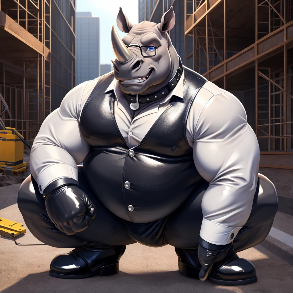 Solo, Male, fat, squatting, extremely obese, Rhinoceros, blue eyes, (soft shading), 4k, hi res, ((detailed face, detailed)), looking at viewer, evil grin, construction site, safety vest, construction vest, male focus, glasses, monocle, vest with buttons, Rhinoceros is wearing a glossy leather dog collar around the neck, Rhinoceros is wearing the leather collar and vest at the same time, Rhinoceros is wearing glossy white rubber gloves on the hands, wearing white rubber gloves on the feet, Rhinoceros is wearing glossy white cuffs around the wrists with cufflinks, gloves are rubber in texture, clenching teeth, clenching fists, leather collar is glossy and shiny with a lot of detail, Rhinoceros is wearing gloves and cuffs and cufflinks at the same time, leather collar has a round dog-tag, leather collar is thick and detailed