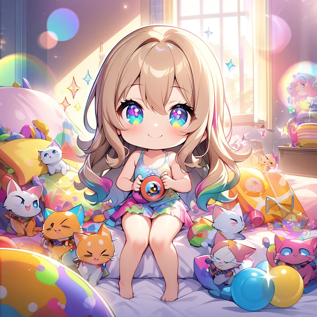 masterpiece, best quality, 4k、2D illustration、one beautiful girl、solo、(((chibi style)))、((vivid colors))、cute chibi、lovely chibi、long beautiful hair, glossy light brown hair, hair between eyes, cute、beautifully detailed eyes、((tank top))、((miniskirt))、((colorful))、((happy smile))、sitting on bed、((full body shot))、((kitten)), ((lots of colorful stuff around))、((bed))、sparkle、((lens flare))、
