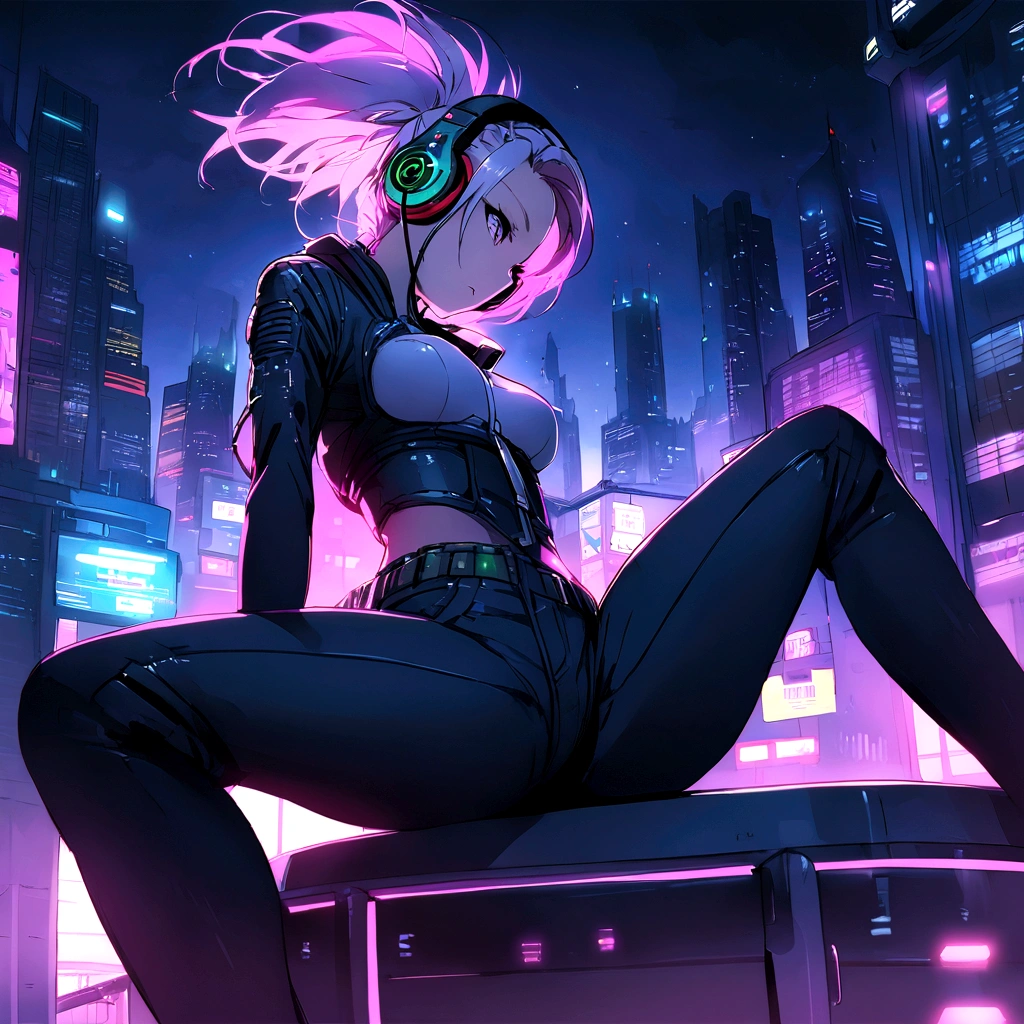 Highest quality、masterpiece、night、Headphones、cyber punk、Cyber City、One Girl、Sitting on high ground、Mid Shot、High position