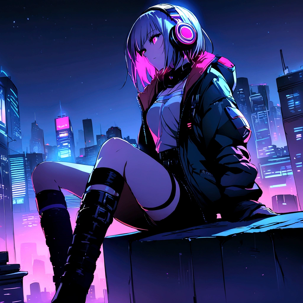Highest quality、masterpiece、night、Headphones、cyber punk、Cyber City、One Girl、Sitting on high ground、Mid Shot、High position