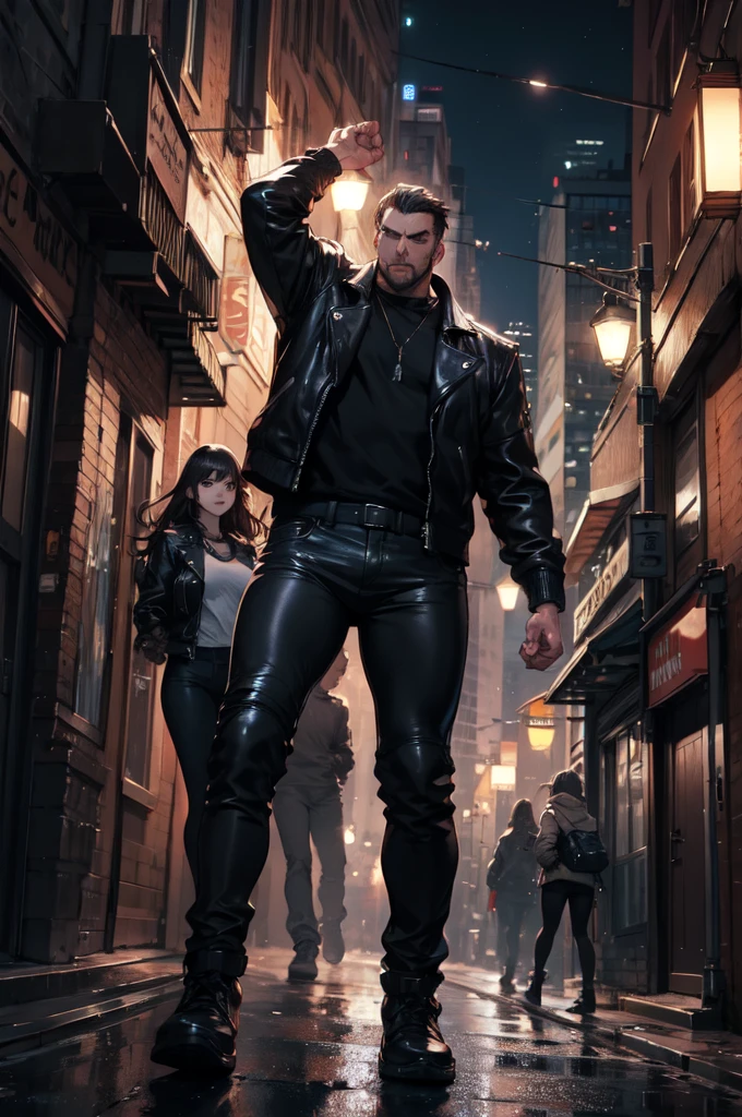 City backstreet at night、A woman defeats a giant man、Fighting Women、Expressionless woman、The woman is wearing a black leather jacket and black leather pants.、Dynamic pose、Males are falling