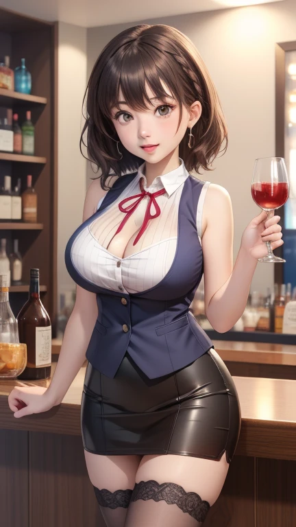 1 Girl, Natural Lighting, masterpiece, Very detailed, illustration, Game CG, absurd, high quality, Love sauce, (((Full and soft breasts,)))(((Huge breasts))) (((Cleavage))) (Perfect curvy figure), Beautiful and delicate eyes, Brown short hair, Side braids, clavicle, Vest, Short pencil skirt, High Leg Raise, sleeveless, Neck strap, Hostess Club, bar, welcome