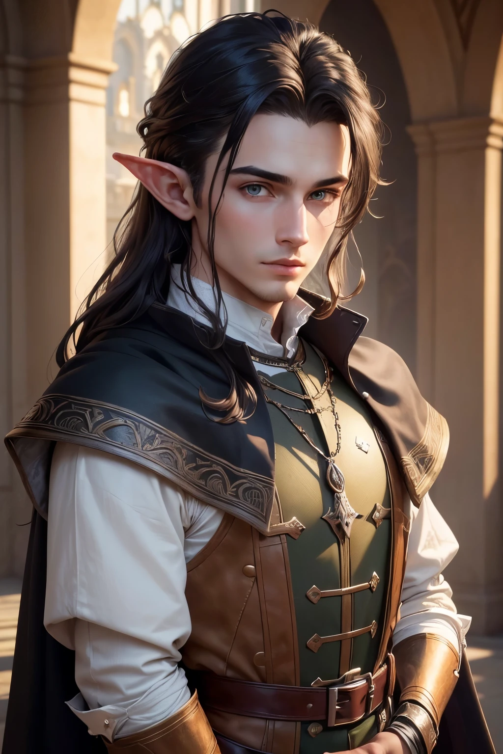 ((best quality)), ((masterpiece)), (detailed), Prize-winning works, with incredible details, maximum textures and details, uhd ,8K,super resolution ,depth of field, retina, masterpiece, anatomically correct, textured skin, super detail, high details, highres ,1 Male Elf Medieval Fantasy RPG Adventurer,similar to the work of JRR Tolkien,black long cape ,fully body, hyper-detailed piercing eyes , (25 year old young man :1.1,detailedeyes, face detailed, whole body:1.1,the background is a magnificent castle ),(best qualityer:1.2,ultra detali:1.1,realisitic:1.37) ,eyeshadows,sharp focus,swirly vibrant colors,)