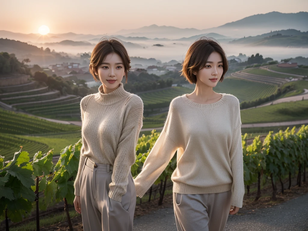Post Creativity Advanced Conversion Advanced Download Generate Data Prompt Txt2Img 8k Realistic, lifelike photo,, 36 year old Korean woman, Short in stature, pretty like a model. front view, white shirt and short cardigan, casual pants, short medium hair, smiling, Italy. vineyard, thick dawn fog. vineyard 지나 짙은 안개 속으로 저 멀리 성당이 보인다. Full body shot from afar with a wide angle lens , 1 woman, Short in stature, looking at the camera, superb picture quality, The morning fog thickens, The picture quality is alive.. Full body shot with Canon 16-35 wide angle lens, Put on your sunglasses and look to the side