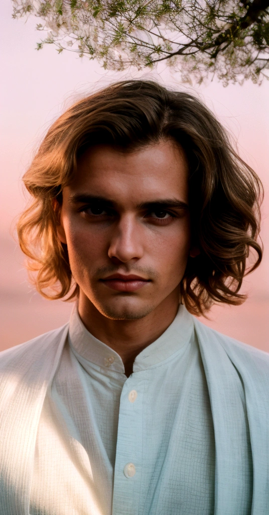 Handsome Men Portrait, shot on leica, shadowplay, gorgeous lighting, subtle pastel hues, outdoors ,10, medium length dark hair, slight wavy