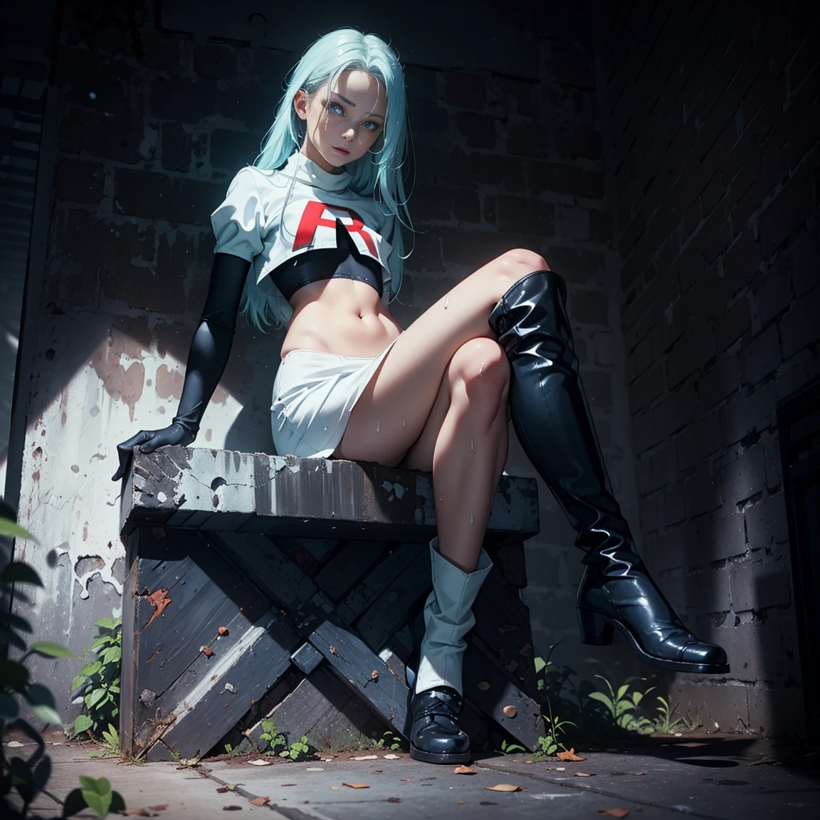 1girl, (solo), very long straight hair, light blue hair, flat chest, small size, blue eyes, fair skin, glossy lips ,team rocket uniform, red letter R, white skirt, white crop top, black thigh-high boots, black elbow gloves, perverted face, red cheeks, looking down on viewer, sitting down, legs crossed, naked sex, sex view, lots of cum on sex, full body, (days), sun, out forest, (very sexy body, detailed face, masterpiece, highly detailed, 8k, best quality, vibrant colors, digital art, concept art)