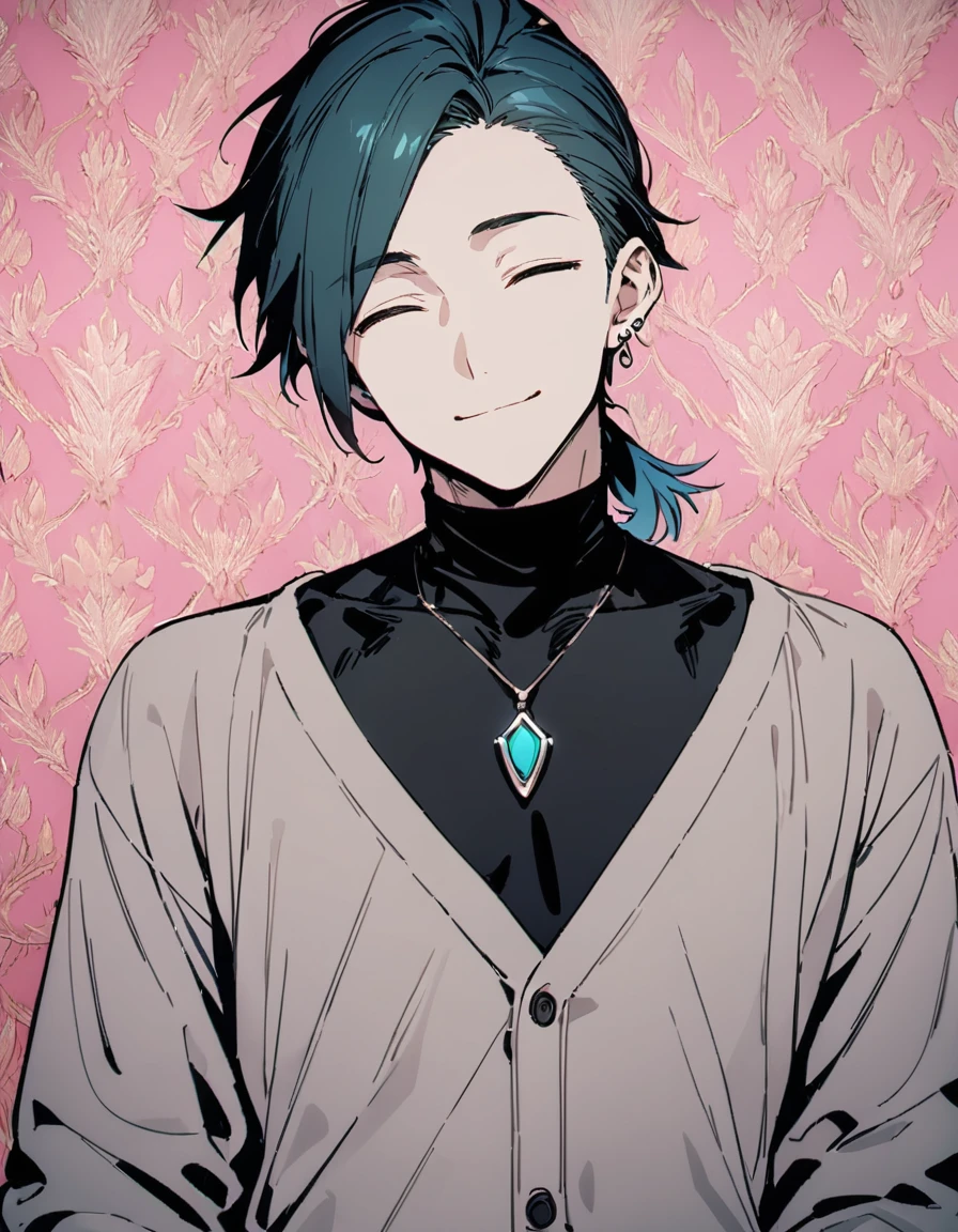 ((((best masterpiece, best quality, wallpaper,)))) solo, guy, male body, small muscles, flat chest, 1male, 30 years old, handsome man, upper body, looking at viewers, beautiful detailed, seductive smile, mediumturquoise hair, ((((Lower short ponytail)))), asymmetrical bangs, ((short hair,)) (((light smile, closed eyes, tareme, droopy eyes,))) (((perfect face,))) perfect hands, sharp nose, clear face, black turtleneck, grey cardigan, ((silver piercing, pendant,)) leggings, pink background color ultrasharp, 8K, masterpiece,