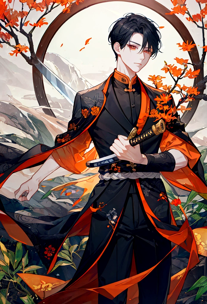 A cool man holding a sword。Dark grey short hair、Orange eyes。Under the Osmanthus Tree。
