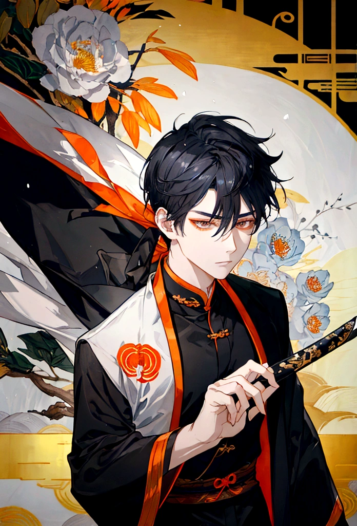 A cool man holding a sword。Dark grey short hair、Orange eyes。Under the Osmanthus Tree。