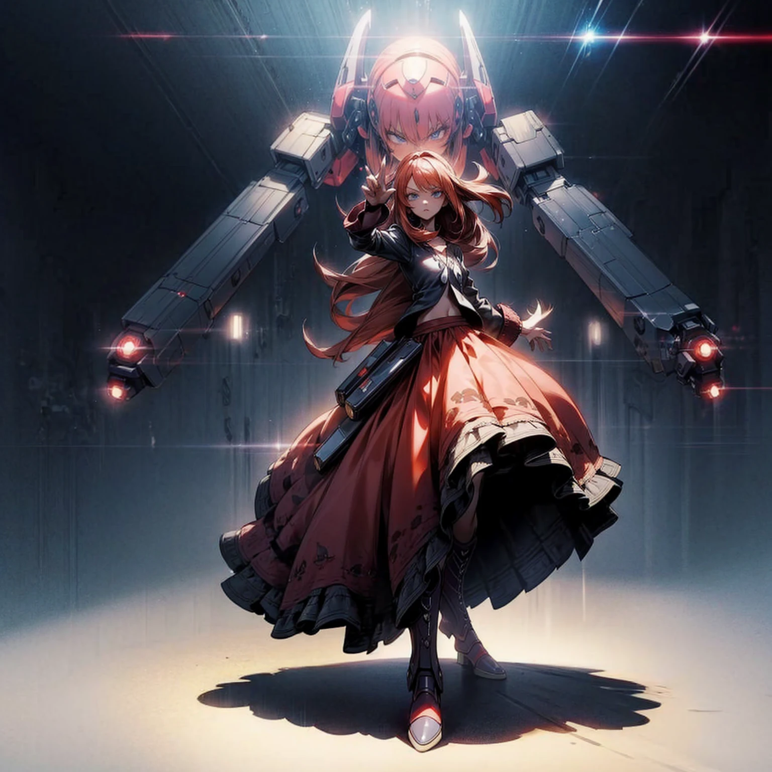 1girl, full body version, 1character, blue eyes, dark red colour hair, long layers hairstyle, bohemian clothing style, long skirt, boots, Grassroots background in town, motion blur, shadow, (with Biggest robot in behind, battle gesture, lighting weapon robot), (one piece style art)