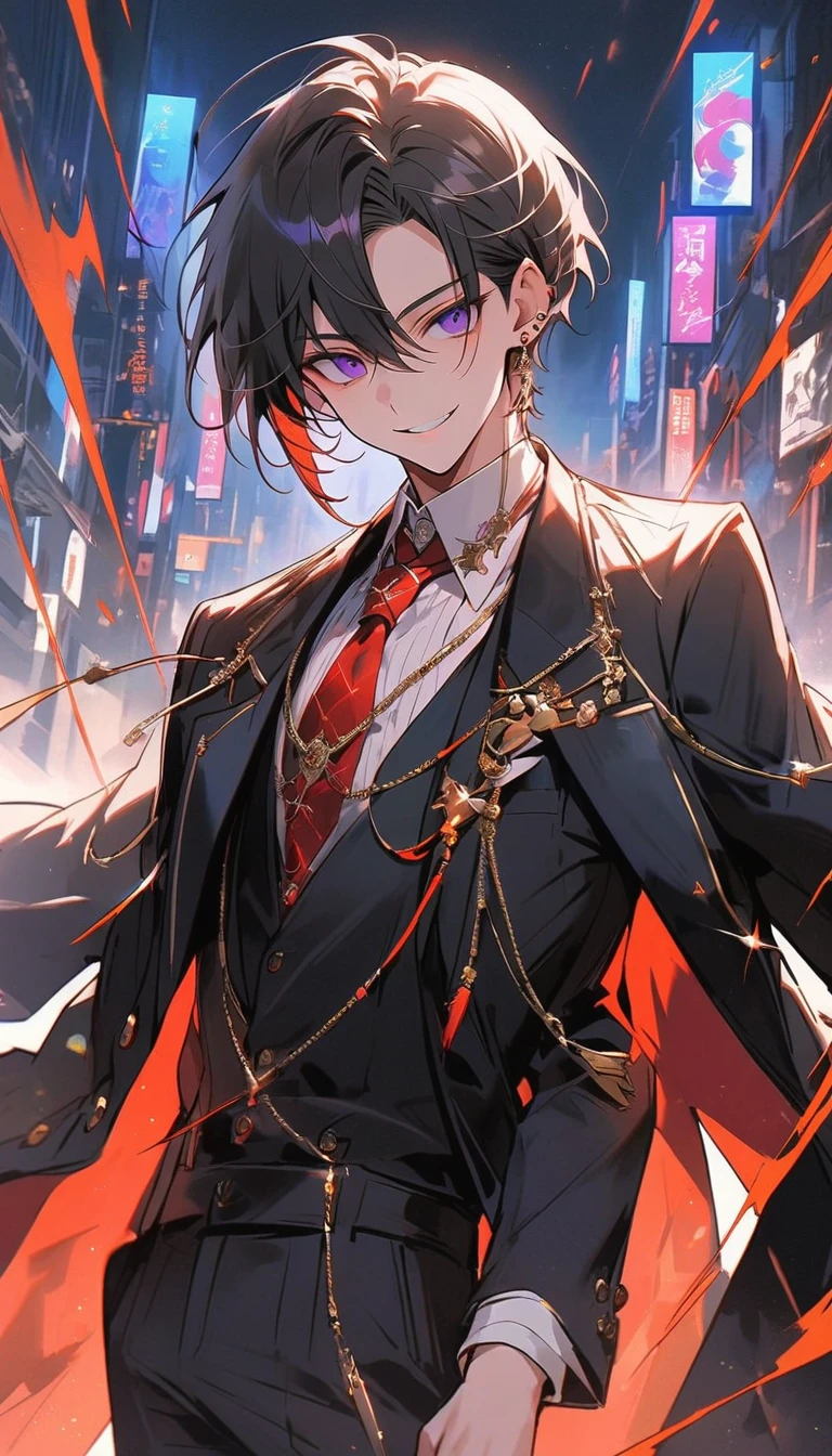 good looking, alone, 1 male, short hair,  Smile Facial,1. Boy with black and purple hair,  Moderate height, Slim body, Long coat, Black lining,good looking, short hair, Black Hair, Rainbow Hair, Purple eyes, 先端がスモーキーグレーのBlack Hair,  smoking, Black light,smile、, Bright, sharp eyes illuminate the scene,uniform,Fewer accessories,whole body,Background white,(masterpiece, Highest quality), Yishang_edge, Default_Costume, One boy, alone, Red tie, Black jacket, Black vest, Jacket on shoulders, White shirt, Collared shirt, Black trousers, View your viewers, city, night, knife,紫色に光るknife身,View your viewers, city, night, From below,Lots of cool accessories