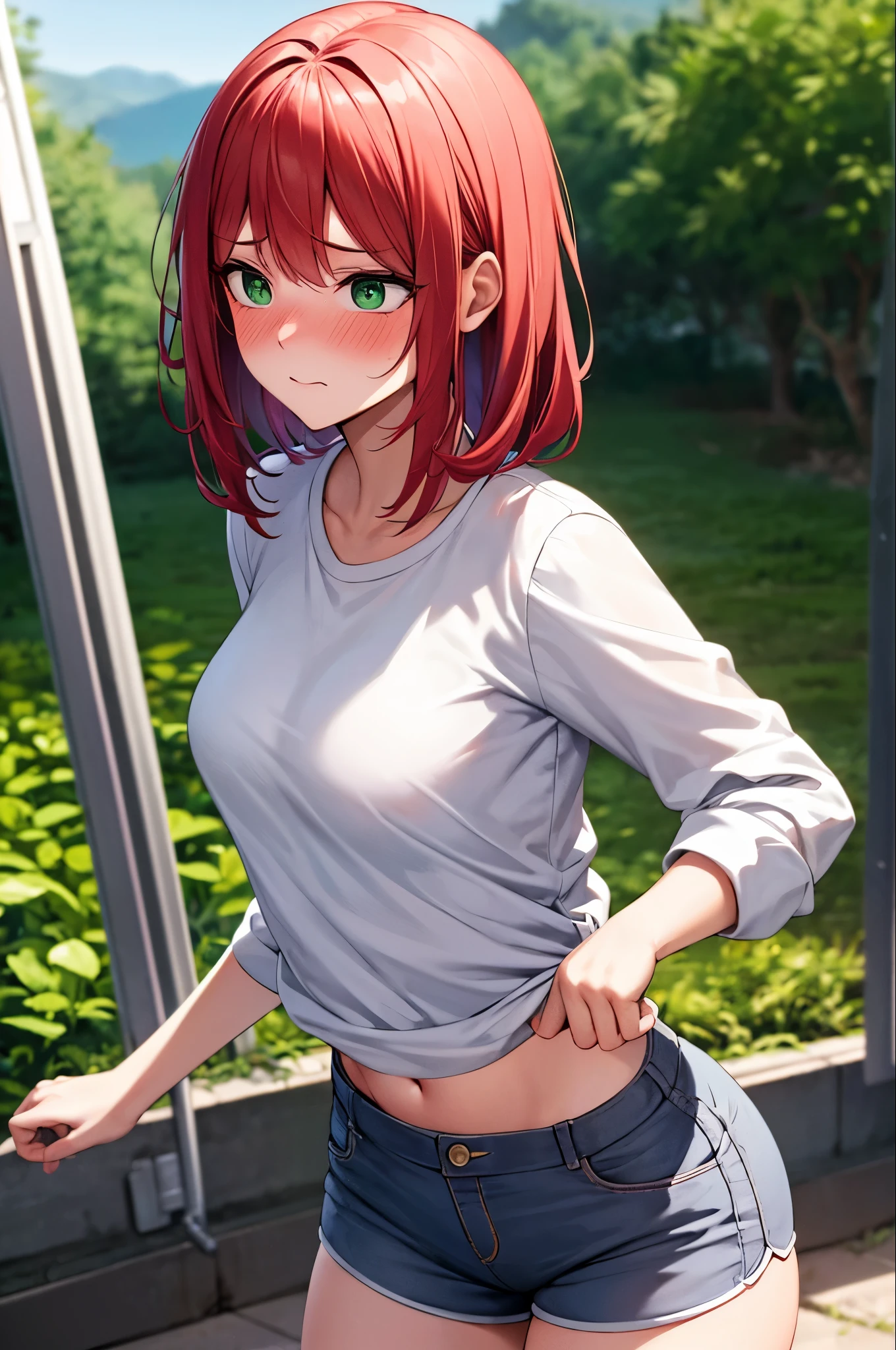 Highest quality, Ultra-high resolution, Beautiful woman, Redhead, Green Eyes, Short and thin body, Wearing a white shirt and shorts, ((Embarrassed look)), Strawberry field
