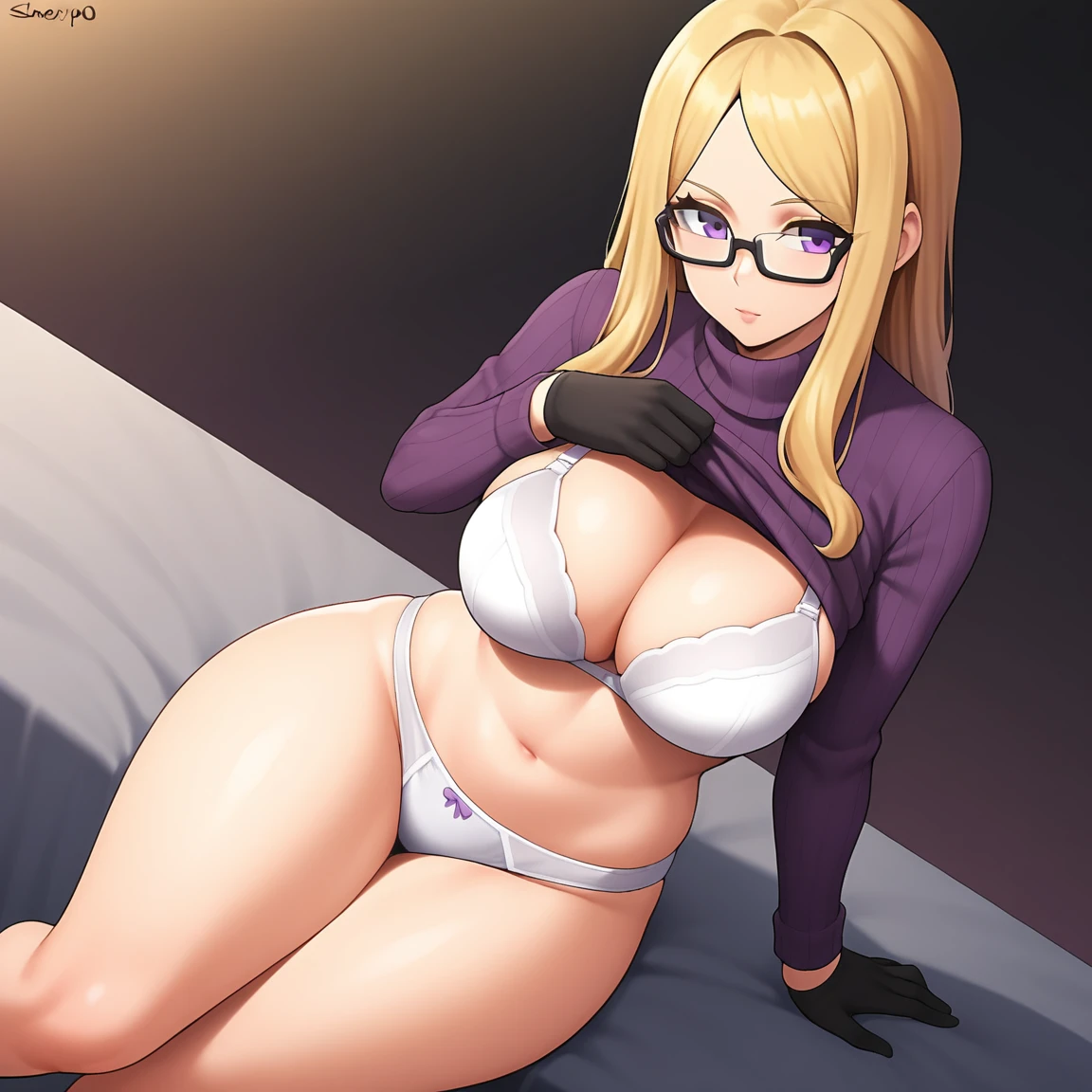 1girl, breasts, underwear, long_hair, bra, solo, panties, blonde_hair, glasses, sweater, navel, clothes_lift, sweater_lift, large_breasts, cleavage, gloves, black_gloves, thighs, turtleneck, turtleneck_sweater, sitting, very_long_hair, white_bra, ribbed_sweater, white_panties, black-framed_eyewear, purple_sweater, thick_thighs