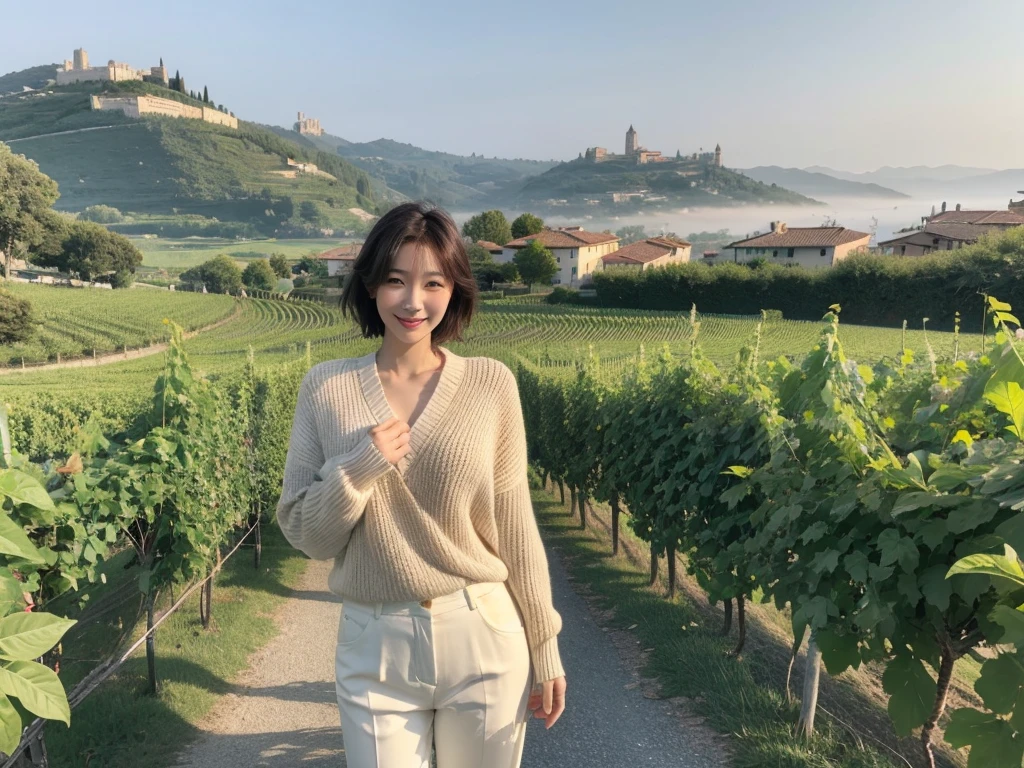 8k best picture quality, Beautiful 36-year-old Korean woman, clear and nice weather. Chest size 34 inches, italian countryside, past the vineyard, The cathedral is visible in the fog in the distance., The back background is realistic and vivid image quality, Short and medium hair blowing in the wind, Wearing high-end luxury knitwear. casual pants, Smile. the background is clear, Short and slim Korean woman, stand far away, Photo taken with a wide-angle lens, 1 woman