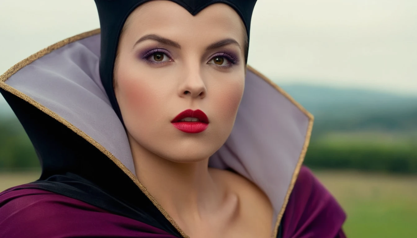 The Evil Queen movie still、Naked butt、Red lips、Purple clothes and black cloak、Naked buttを持つセクシーな女性の邪悪な女王の絵, Shallow depth of field, Vignette, Very detailed, High budget, Bokeh, CinemaScope, Sulky, amazing, nice, Film Grain, granular