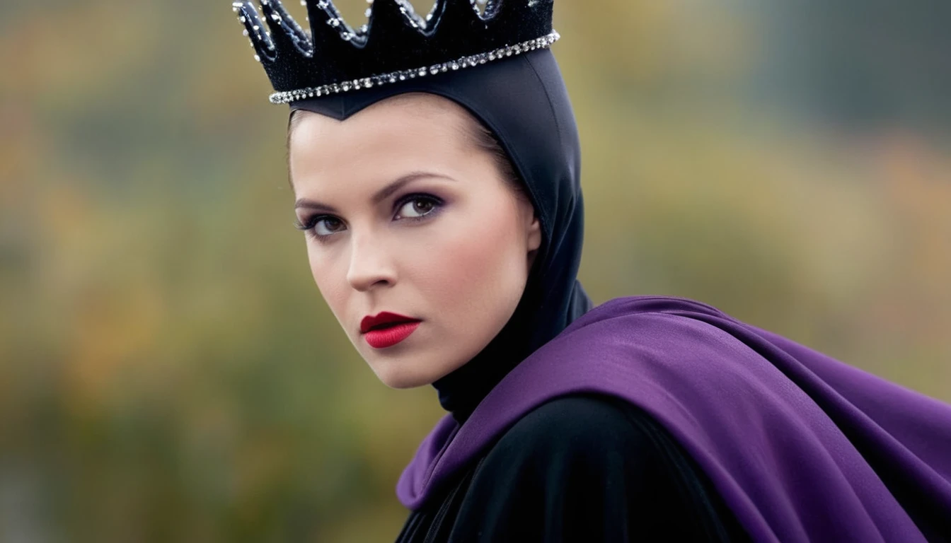 The Evil Queen movie still、Naked butt、Red lips、Purple clothes and black cloak、Naked buttを持つセクシーな女性の邪悪な女王の絵, Shallow depth of field, Vignette, Very detailed, High budget, Bokeh, CinemaScope, Sulky, amazing, nice, Film Grain, granular